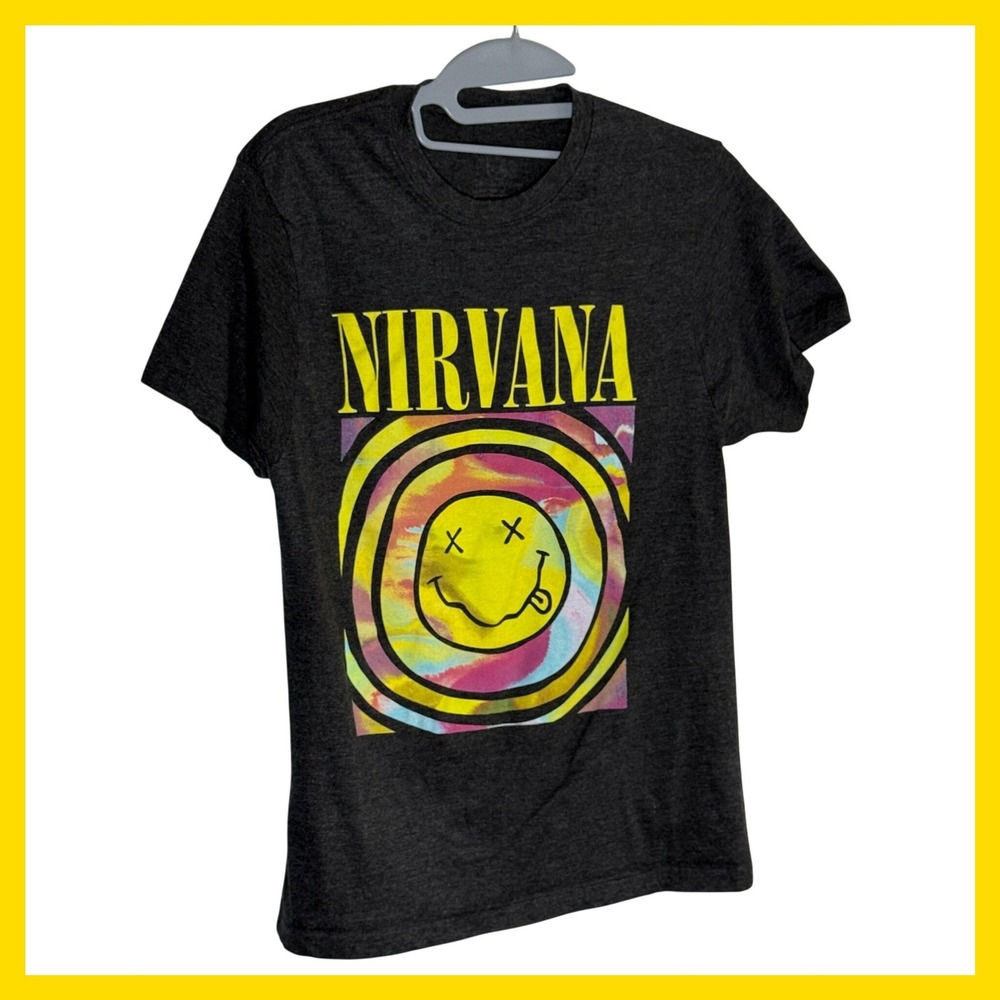 Nirvana Smiley Face Graphic Tee Charcoal Heather Gray Tie Dye Band T-Shirt Mens